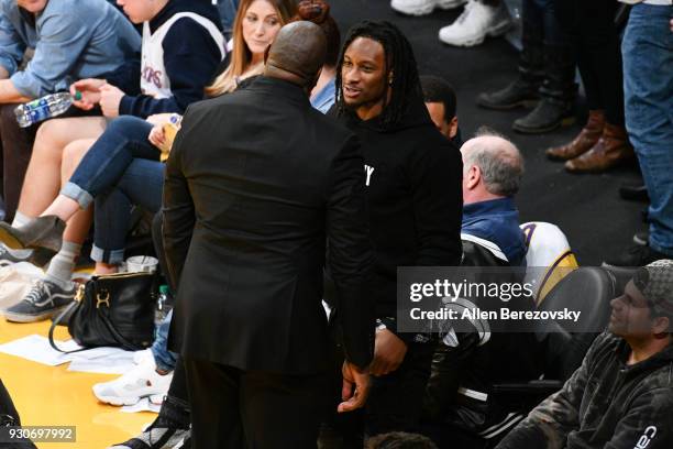 Todd Gurley attends a basketball game between the Los Angeles Lakers and the Cleveland Cavaliers at Staples Center on March 11, 2018 in Los Angeles,...