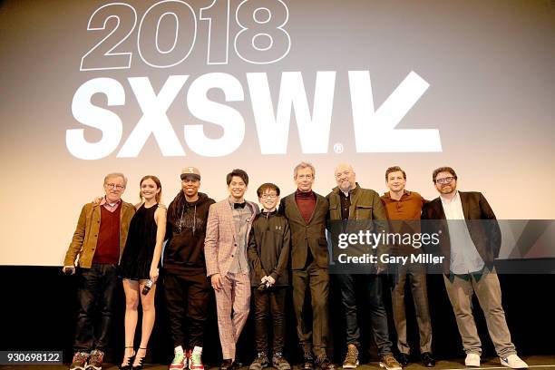 Steven Spielberg, Olivia Cook, Lena Waithe, Win Morisaki, Philip Zhao, Ben Mendelsohn, Zak Penn, Tye Sheridan and Ernest Cline attend 'Ready Player...