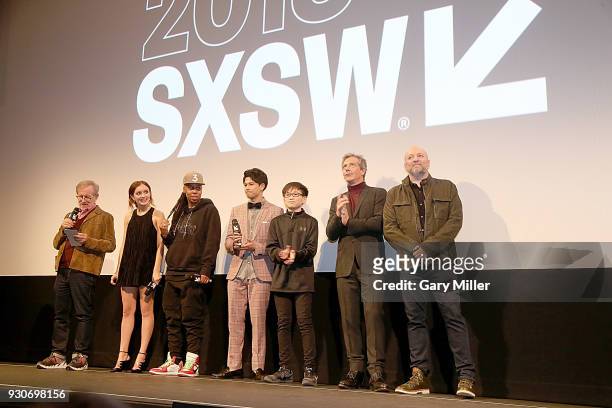 Steven Spielberg, Olivia Cook, Lena Waithe, Win Morisaki, Philip Zhao, Ben Mendelsohn, Zak Penn attend 'Ready Player One' Premiere during the 2018...