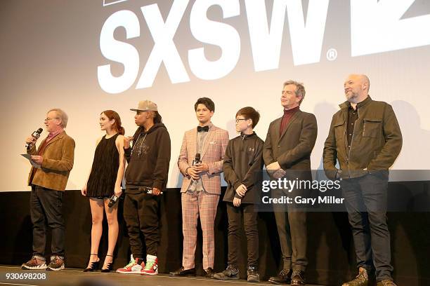 Steven Spielberg, Olivia Cook, Lena Waithe, Win Morisaki, Philip Zhao, Ben Mendelsohn, Zak Penn attend 'Ready Player One' Premiere during the 2018...