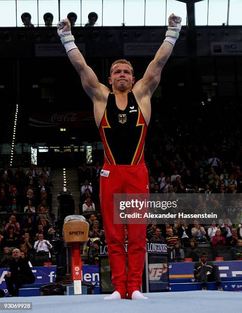 Fabian Hambuechen of Germany reacts after competing at the rings during the Champions Trophy 2009 at the Porsche Arena on November 15, 2009 in...