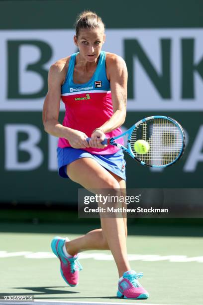 Karolina Pliskova of Czech Republic plays Shuai Zhang of China during the BNP Paribas Open at the Indian Wells Tennis Garden on March 11, 2018 in...