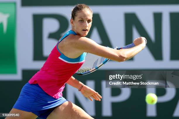 Karolina Pliskova of Czech Republic plays Shuai Zhang of China during the BNP Paribas Open at the Indian Wells Tennis Garden on March 11, 2018 in...