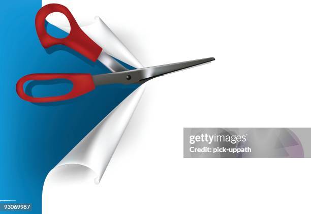 a pair of red scissors cutting through white paper - scissors stock illustrations