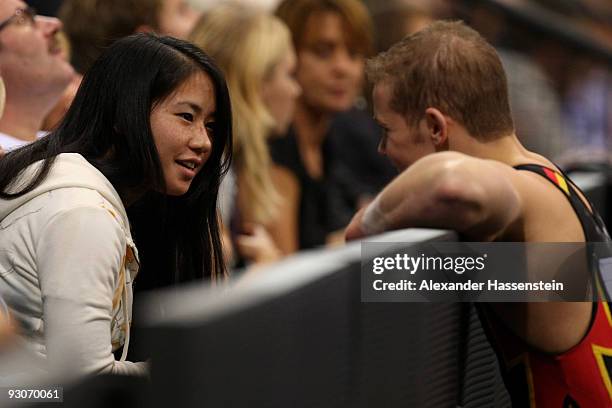 Fabian Hambuechen of Germany talks to German Gymnast Kim Bui during the Champions Trophy 2009 at the Porsche Arena on November 15, 2009 in Stuttgart,...