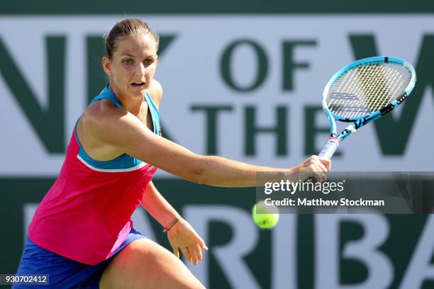 Karolina Pliskova of Czech Republic plays Shuai Zhang of China during the BNP Paribas Open at the Indian Wells Tennis Garden on March 11, 2018 in...