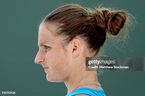 Karolina Pliskova of Czech Republic co0ls down between games while playing Shuai Zhang of China during the BNP Paribas Open at the Indian Wells...