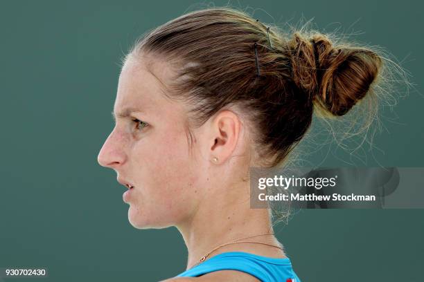 Karolina Pliskova of Czech Republic co0ls down between games while playing Shuai Zhang of China during the BNP Paribas Open at the Indian Wells...