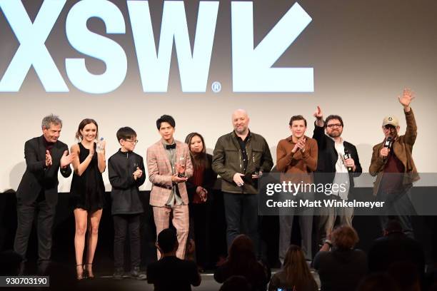 Ben Mendelsohn, Olivia Cook, Philip Zhao, Win Morisaki, Steven Spielberg, , Lena Waithe Win Morisaki, Zak Penn, Tye Sheridan, Ernest Cline, and...