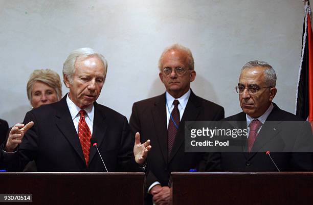 Palestnian Prime Minister Salam Fayyad and U.S. Sen. Joe Lieberman hold a press conference after their meeting on November 15, 2009 in Ramallah, West...