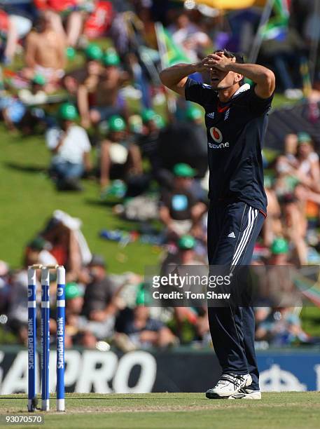 Sajid Mahmood of England holds his head in his hands during the Twenty20 International match between South Africa and England at Supersport Park on...