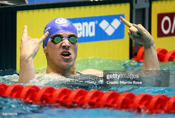 Paul Biedermann of Germany celebrates after winning the men's 200m freestyle during day two of the FINA/ARENA Swimming World Cup on November 15, 2009...