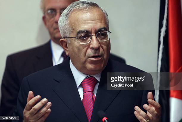 Palestnian Prime Minister Salam Fayyad speaks during a press conference with U.S. Sen. Joe Lieberman after their meeting on November 15, 2009 in...