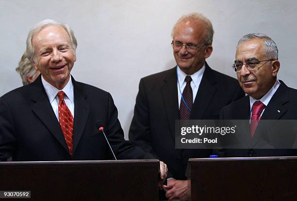 Palestnian Prime Minister Salam Fayyad and U.S. Sen. Joe Lieberman hold a press conference after their meeting on November 15, 2009 in Ramallah, West...
