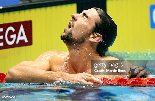 Michael Phelps of USA reacts after the men's 200m individual medley final during day two of the FINA/ARENA Swimming World Cup on November 15, 2009 in...