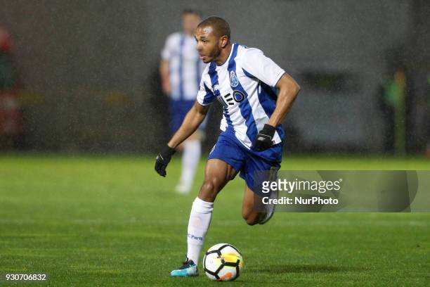 Porto's Algerian forward Yacine Brahimi in action during the Premier League 2017/18 match between Pacos Ferreira and FC Porto, at Mata Real Stadium...