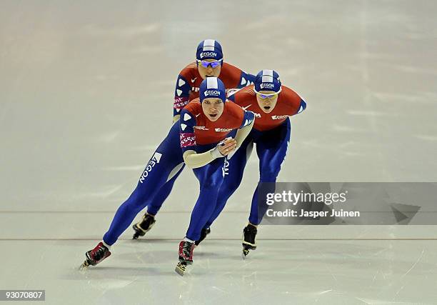 Diane Valkenburg, Elma de Vries and Ireen Wust of the Netherlands compete in the team pursuit during the Essent ISU speed skating World Cup at the...