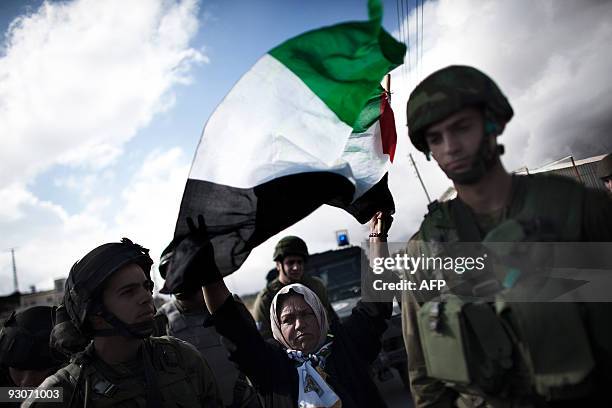 Palestinian woman waves her national flag in front of Israeli soldiers during a protest against Israel's controversial separation barrier in the West...