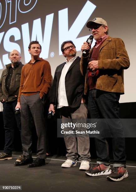 Zak Penn, Tye Sheridan, Ernest Cline and Steven Spielberg speak onstage at the premiere of "Ready Player One" during SXSW at Paramount Theatre on...