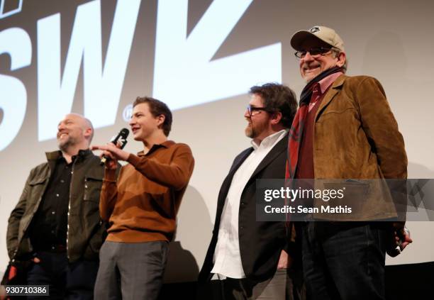 Zak Penn, Tye Sheridan, Ernest Cline and Steven Spielberg speak onstage at the premiere of "Ready Player One" during SXSW at Paramount Theatre on...