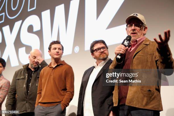 Zak Penn, Tye Sheridan, Ernest Cline and Steven Spielberg speak onstage at the premiere of "Ready Player One" during SXSW at Paramount Theatre on...