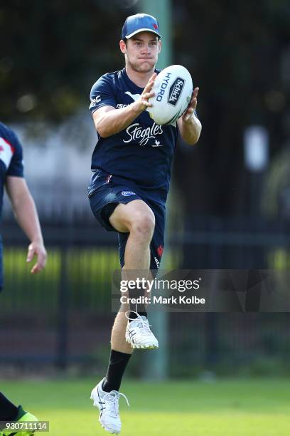 Luke Keary catches a pass during a Sydney Roosters Training Session at Kippax Oval on March 12, 2018 in Sydney, Australia.