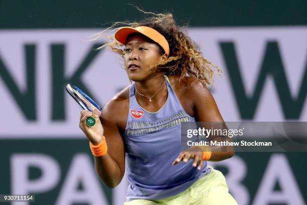 Naomi Osaka of Japan plays Sachia Vickery during the BNP Paribas Open at the Indian Wells Tennis Garden on March 11, 2018 in Indian Wells, California.