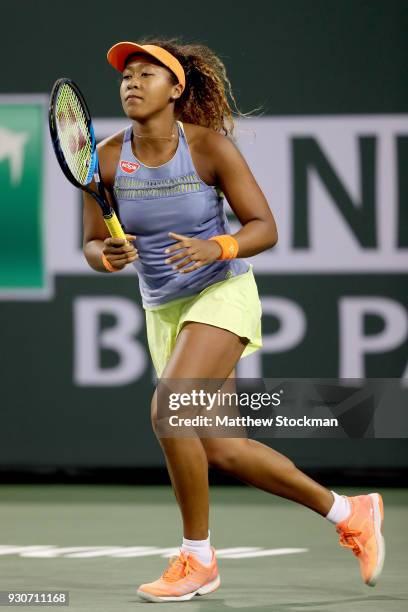 Naomi Osaka of Japan plays Sachia Vickery during the BNP Paribas Open at the Indian Wells Tennis Garden on March 11, 2018 in Indian Wells, California.