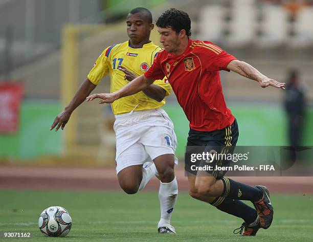 Borja of Spain and Alvaro Hungria of Colombia battle for the ball during the FIFA U17 World Cup 3rd/4th Play off match between Colombia and Spain at...