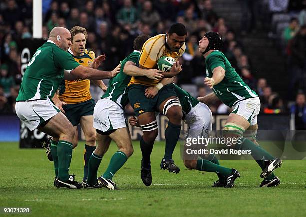 Wycliffe Palu of Australia charges upfield during the rugby union international match between Ireland and Australia at Croke Park on November 15,...