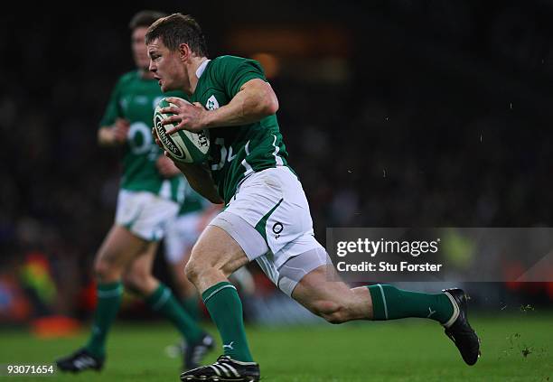 Brian O'Driscoll of Ireland runs through to score a last minute try during the Rugby Union International between Ireland and Australia at Croke Park...