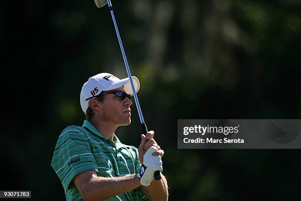 Nick O'Hern from Australia hits on the first hole during the final round at the Children's Miracle Network Classic at Disney's Magnolia & Disney's...