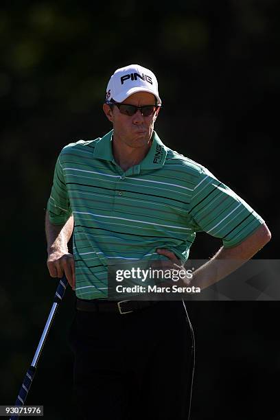 Nick O'Hern from Australia waits to putt on the first hole during the final round at the Children's Miracle Network Classic at Disney's Magnolia &...