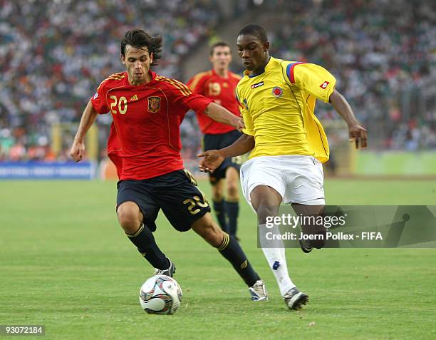 Albert Dalmau of Spain and Wilson Cuero of Colombia battle for the ball during the FIFA U17 World Cup 3rd/4th Play off match between Colombia and...