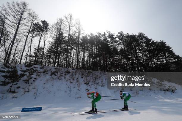 Yury Holub and his guide Dzmitry Budzilovich of Belarus compete in the Men's Cross Country 20km Free, Visually Impaired event at Alpensia Biathlon...