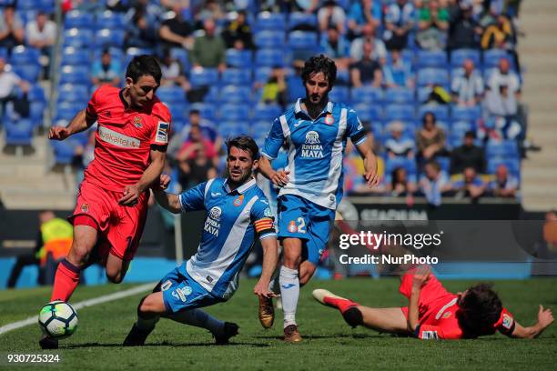 Esteban Granero, Victor Sanchez and Oyarzabal during the match between RCD Espanyol and Real Sociedad, for the round 28 of the Liga Santander, played...