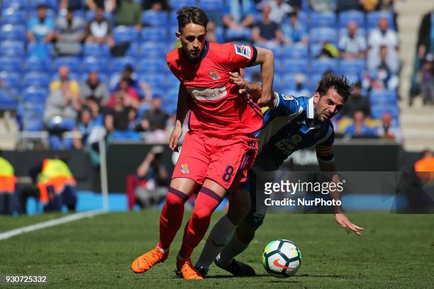 Adnan Januzaj and Victor Sanchez during the match between RCD Espanyol and Real Sociedad, for the round 28 of the Liga Santander, played at the RCD...
