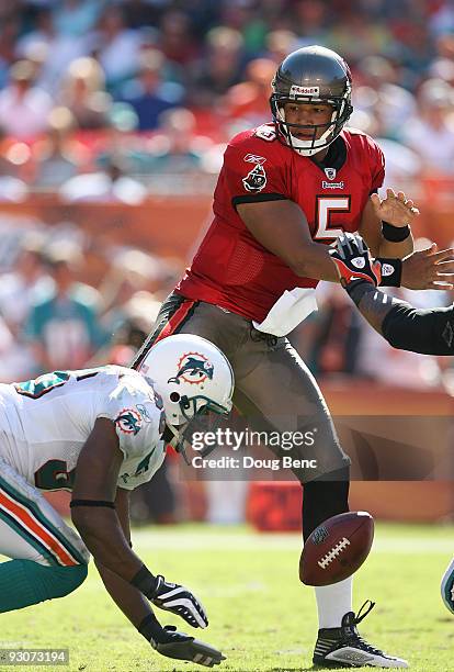 Quarterback Josh Freeman of the Tampa Bay Buccaneers fumbles after being hit by defensive tackle Paul Soliai of the Miami Dolphins at Land Shark...