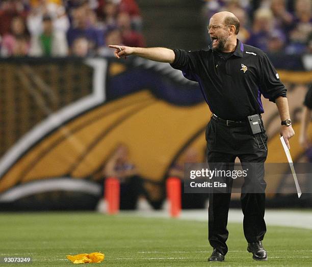 Head coach Brad Childress of the Minnesota Vikings reacts after the Detroit Lions center fumbled the snap on November 15, 2009 at Hubert H. Humphrey...