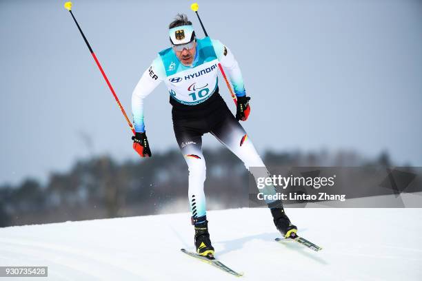 Alexander Ehler of Germany competes in the Men's Cross Country 20km Free, Standing event at Alpensia Biathlon Centre during day three of the...