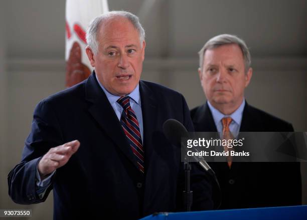Governor Pat Quinn of Illinois and U.S. Sen. Richard Durbin speak to the media at a press conference about the Thomson Correctional Center on...