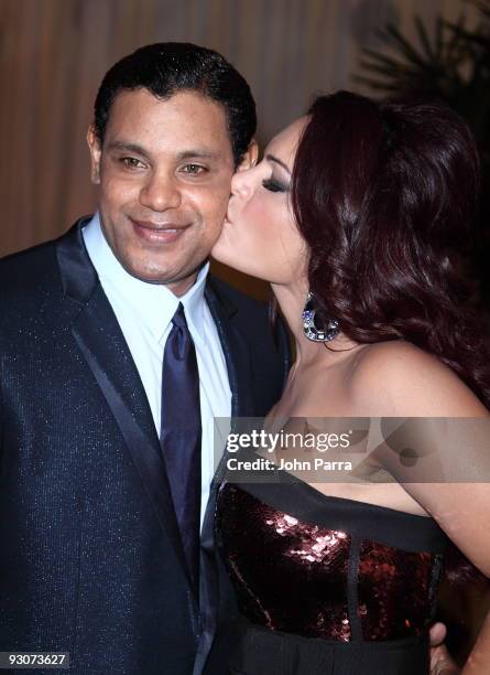 Sammy Sosa and Sonia Sosa arrives at Sammy Sosa birthday party at Fontainebleau Miami Beach on November 14, 2009 in Miami Beach, Florida.