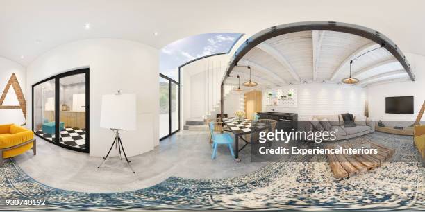 modern studio apartment 360 equirectangular panoramic interior - 360 stock pictures, royalty-free photos & images