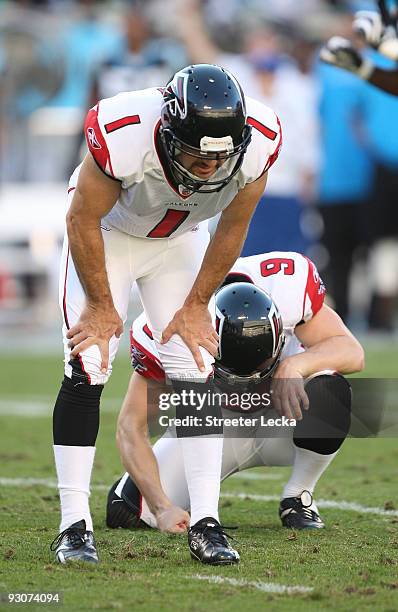 Kicker Jason Elam and holder Michael Koenen of the Atlanta Falcons react to missing a field goal against the Carolina Panthers during their game at...