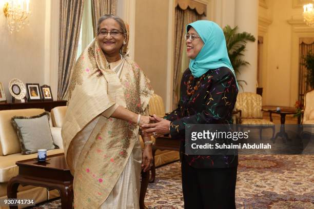 Bangladesh Prime Minister Sheikh Hasina meets with Singapore President, Halimah Yacob at the Istana on March 12, 2018 in Singapore. Sheikh Hasina is...