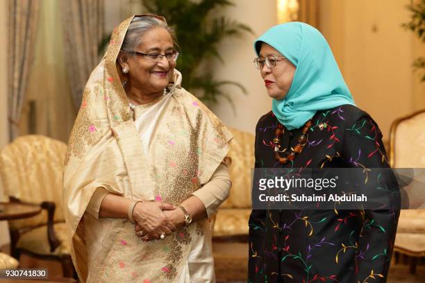 Bangladesh Prime Minister Sheikh Hasina meets with Singapore President, Halimah Yacob at the Istana on March 12, 2018 in Singapore. Sheikh Hasina is...