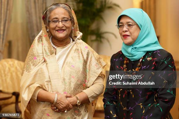 Bangladesh Prime Minister Sheikh Hasina meets with Singapore President, Halimah Yacob at the Istana on March 12, 2018 in Singapore. Sheikh Hasina is...