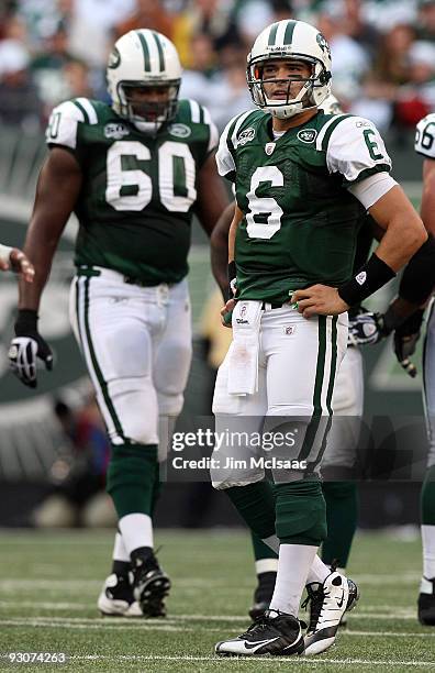 Mark Sanchez and D'Brickashaw Ferguson of the New York Jets look on during the third quarter against the Jacksonville Jaguars on November 15, 2009 at...