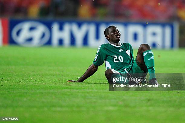 Ramon Azeez of Nigeria looks dejected after defeat in the FIFA U17 World Cup Final match between Switzerland and Nigeria at the Abuja National...