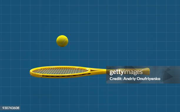 ball jumps over tennis racket on blue background - tennis racquet 個照片及圖片檔